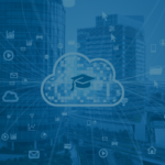 Graphic of a digital cloud with a graduation icon to represent higher education